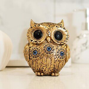 Decorative Owl Figurine Vintage Blue and Gold Owl Statue Home Décor (Gold)